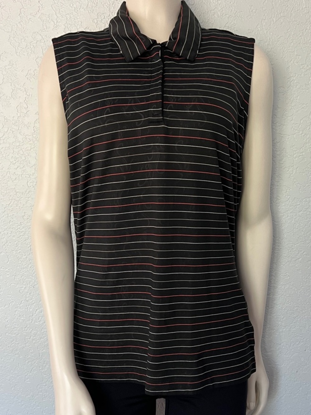 Nike Golf Women’s Large Dri-FIT Sleeveless Polo Black Striped Golf Shirt